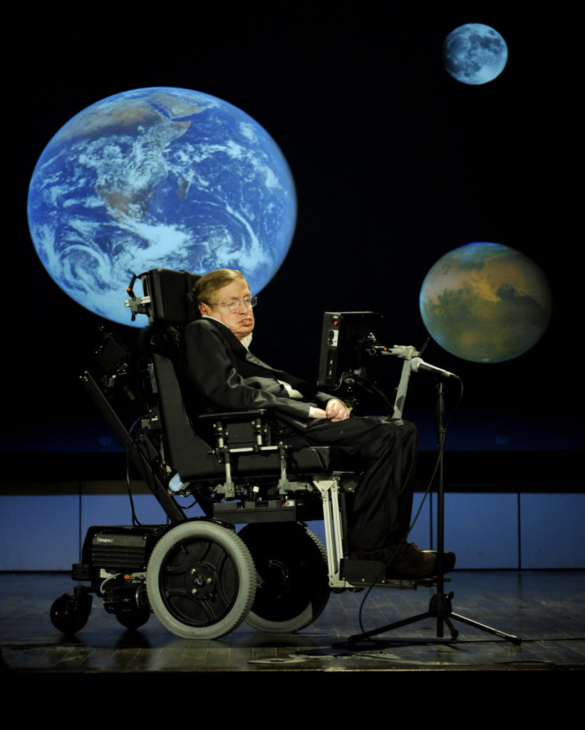 Dr. Stephen Hawking, a professor of mathematics at the University of Cambridge, delivers a speech entitled "Why we should go into space" during a lecture that is part of a series honoring NASA's 50th Anniversary, Monday, April 21, 2008, at George Washington University's Morton Auditorium in Washington. Photo Credit: (NASA/Paul. E. Alers)